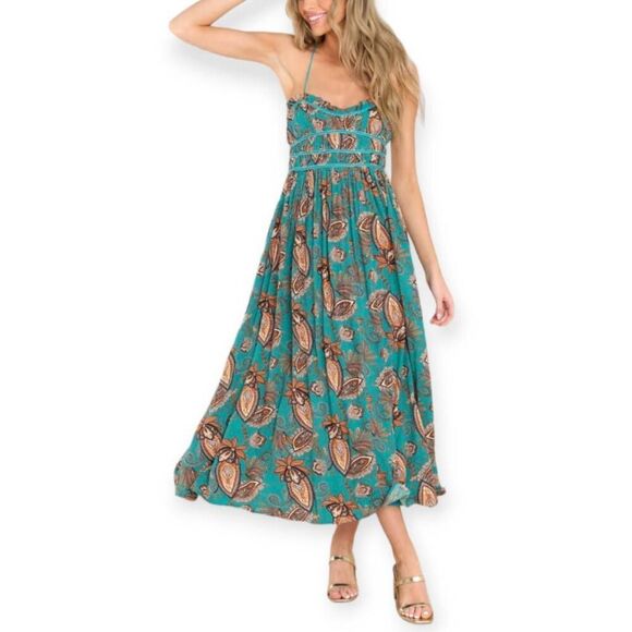 MILLIBON RED DRESS BOUTIQUE Timeless Moments Turquoise Blue Floral Print Midi Dr - Picture 3 of 13